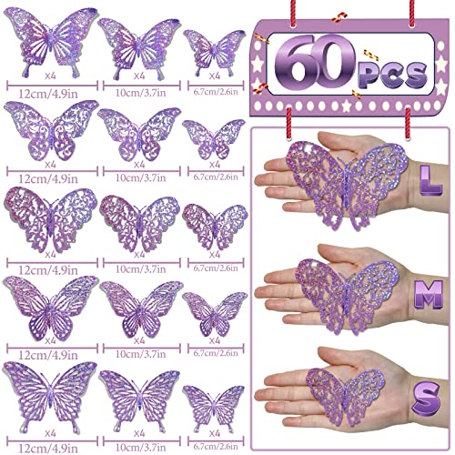 DELEMI 60 Pcs 3D Sequined Purple Butterfly Wall Decor Stickers, 5 Styles 3 Sizes, Holographic Butterfly Decor for Dorm Room & Wedding Party Birthday Decor - Image 5