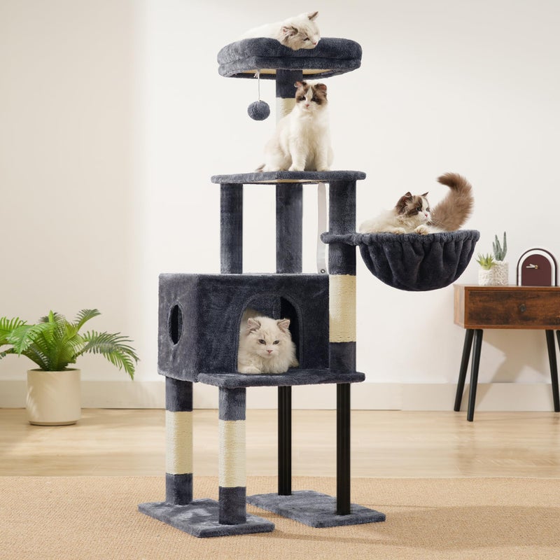 Heybly Cat Tree, 49.2 Inches Cat Tower for Indoor Cats, Spacious Cat House Condo with Hidden Spaceï¼ŒSturdy Steel Tubeï¼ŒSoft Plush Top Perchï¼ŒCozy Hammock and Sisal Scratching Posts, Smoky Gray HCT200SG - Image 4