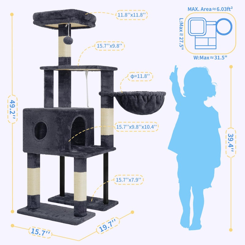 Heybly Cat Tree, 49.2 Inches Cat Tower for Indoor Cats, Spacious Cat House Condo with Hidden Spaceï¼ŒSturdy Steel Tubeï¼ŒSoft Plush Top Perchï¼ŒCozy Hammock and Sisal Scratching Posts, Smoky Gray HCT200SG - Image 3