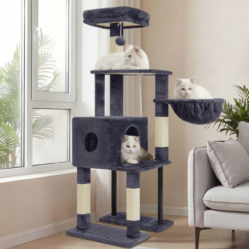 Heybly Cat Tree, 49.2 Inches Cat Tower for Indoor Cats, Spacious Cat House Condo with Hidden Spaceï¼ŒSturdy Steel Tubeï¼ŒSoft Plush Top Perchï¼ŒCozy Hammock and Sisal Scratching Posts, Smoky Gray HCT200SG - Image 1