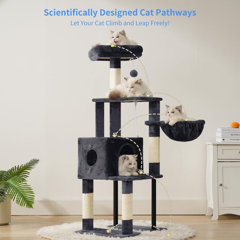 Heybly Cat Tree, 49.2 Inches Cat Tower for Indoor Cats, Spacious Cat House Condo with Hidden Spaceï¼ŒSturdy Steel Tubeï¼ŒSoft Plush Top Perchï¼ŒCozy Hammock and Sisal Scratching Posts, Smoky Gray HCT200SG - Image 2
