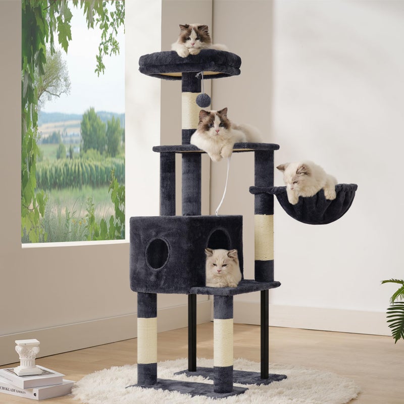 Heybly Cat Tree, 49.2 Inches Cat Tower for Indoor Cats, Spacious Cat House Condo with Hidden Spaceï¼ŒSturdy Steel Tubeï¼ŒSoft Plush Top Perchï¼ŒCozy Hammock and Sisal Scratching Posts, Smoky Gray HCT200SG - Image 5