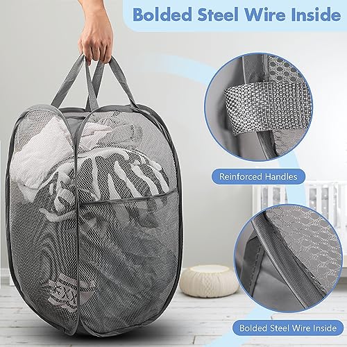 DUCOO Pop Up Hamper, 1 PCS Mesh Pop Up Laundry Hamper, Foldable Mesh Laundry Basket with Space-Saving Design for Home, Dorm, Travel & Storage - Gray - Image 3