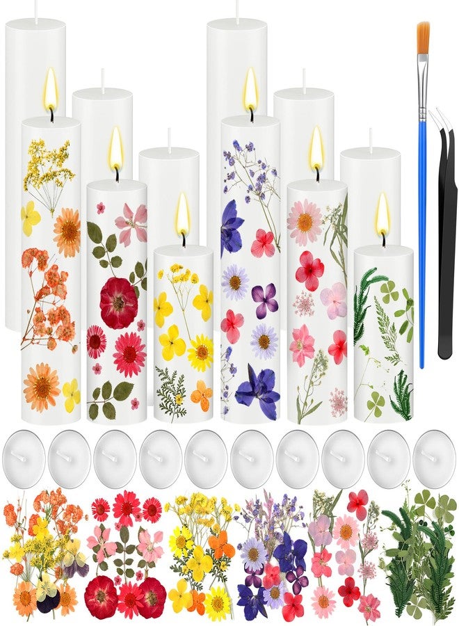 MTLEE 24 Pack Dried Pressed Flower Candle Painting Kit 6 White Pillar 6 Dried Pressed Flower 10 Tealight Candle with Tweezer Brush for Girls Night Birthday Wedding Party DIY Crafts Decor(4/6/8 Inch) - Image 1