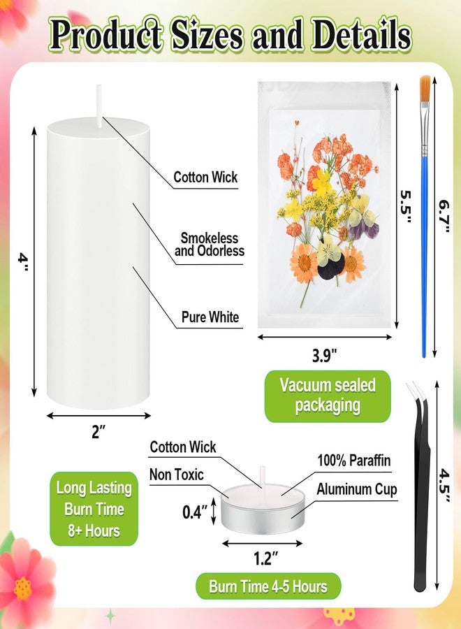 MTLEE 24 Pack Dried Pressed Flower Candle Painting Kit 6 White Pillar 6 Dried Pressed Flower 10 Tealight Candle with Tweezer Brush for Girls Night Birthday Wedding Party DIY Crafts Decor(4/6/8 Inch) - Image 5