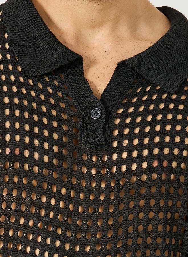 Styli Crochet Knit Oversized Revere Collar Polo T-Shirt  - Image 3