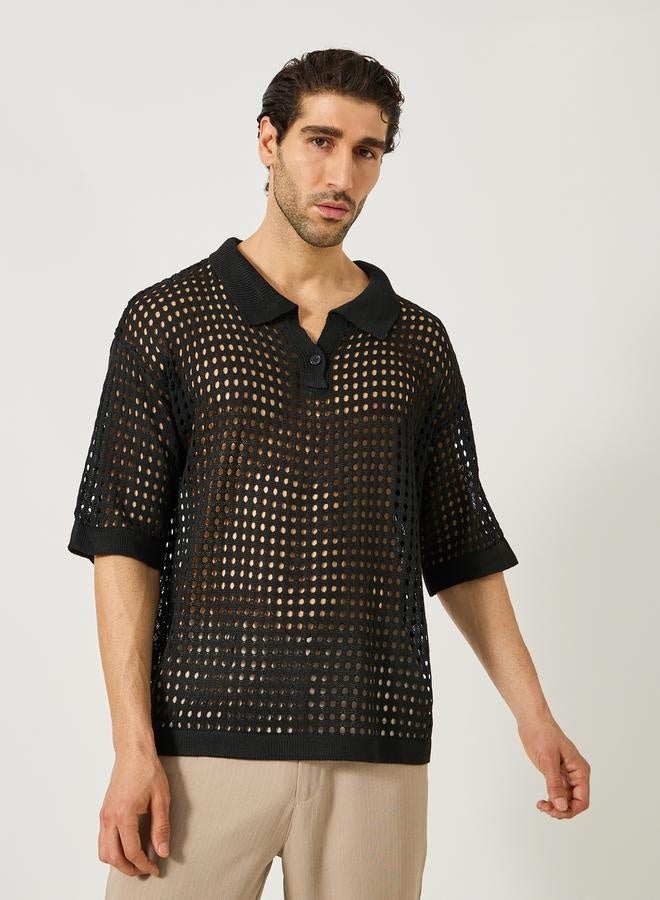 Styli Crochet Knit Oversized Revere Collar Polo T-Shirt  - Image 1