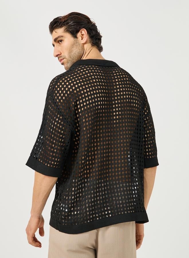 Styli Crochet Knit Oversized Revere Collar Polo T-Shirt  - Image 4