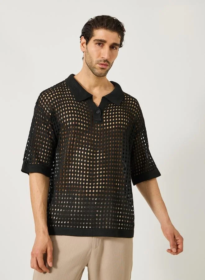 ستايلي تي شيرت بولو بياقة ريفير مقاس كبير محبوك بالكروشيه