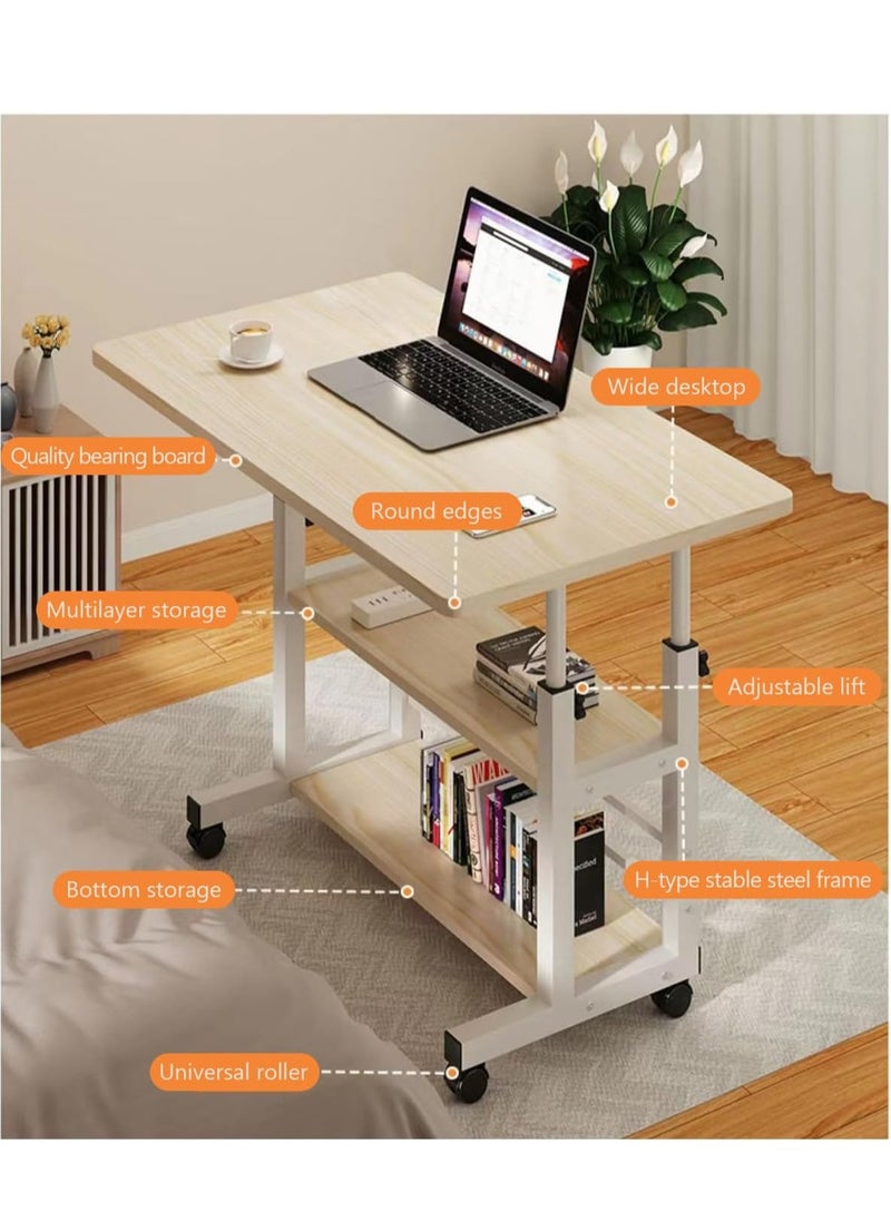 Standing Desk with Wheels, Mobile End Table Height Adjustable Bedside Table Laptop Rolling Cart C Shaped TV Tray with Storage Shelves for Sofa Couch