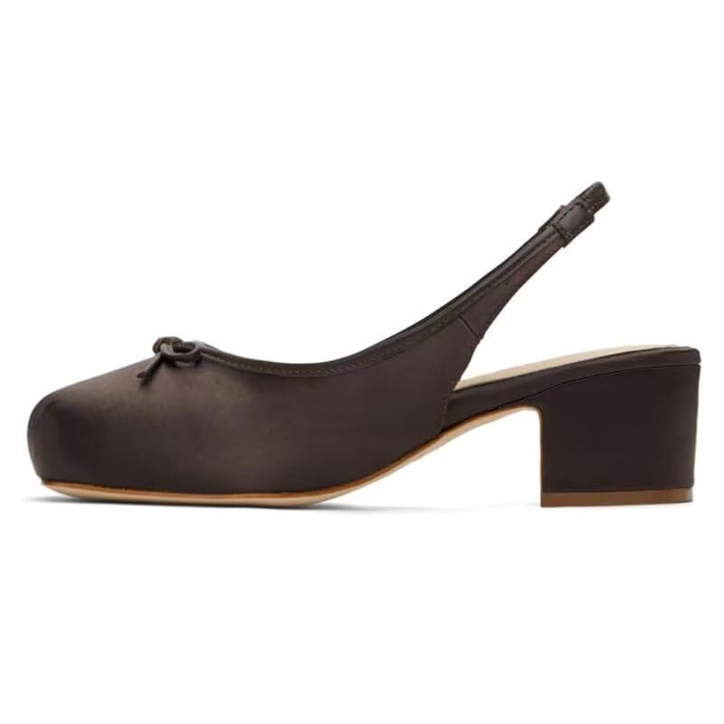 Agodor Slingback Heels for Women Ruched Satin Brown Ballet Mary Jane Shoes with Bow Square Toe Ballerina Pumps Low Chunky Block Heels Elastic Rear Strap Comfortable Dress Ballet Shoes US7.5 - Image 5
