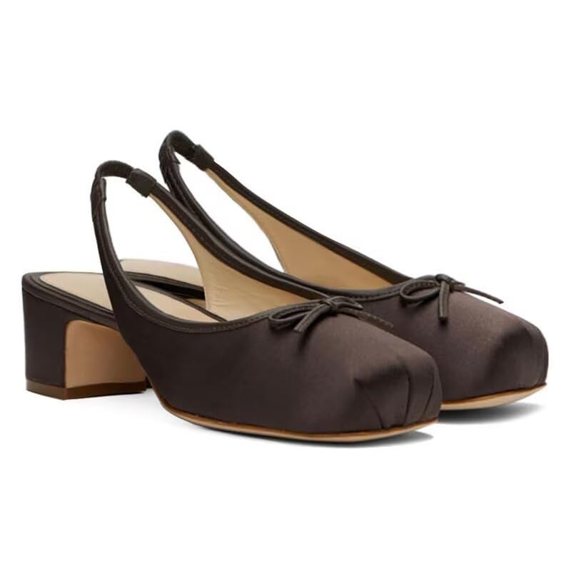 Agodor Slingback Heels for Women Ruched Satin Brown Ballet Mary Jane Shoes with Bow Square Toe Ballerina Pumps Low Chunky Block Heels Elastic Rear Strap Comfortable Dress Ballet Shoes US7.5 - Image 1