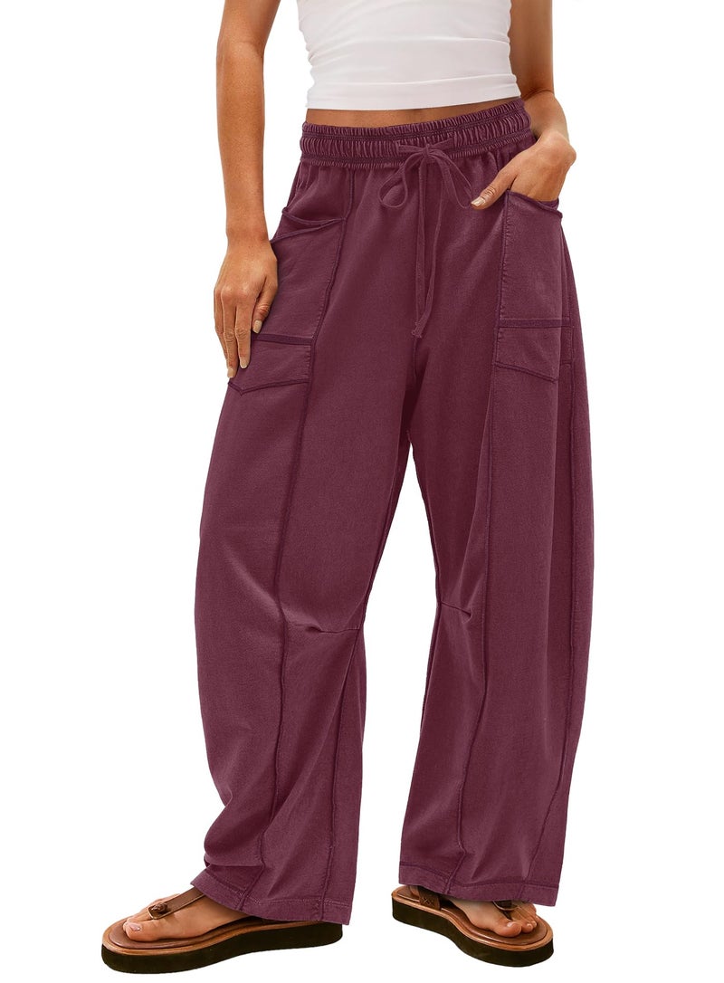 Yanekop Womens Baggy Wide Leg Pants Casual Fall Trousers Palazzo Pants Drawstring Waist Barrel Sweatpants with Pockets(Burgundy,L) - Image 1