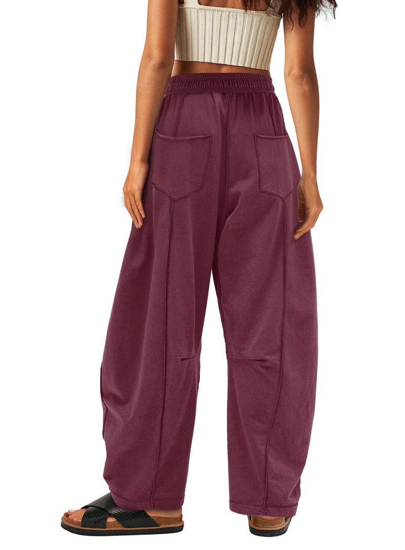 Yanekop Womens Baggy Wide Leg Pants Casual Fall Trousers Palazzo Pants Drawstring Waist Barrel Sweatpants with Pockets(Burgundy,L) - Image 2