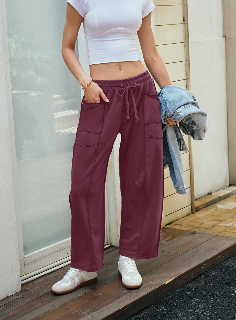 Yanekop Womens Baggy Wide Leg Pants Casual Fall Trousers Palazzo Pants Drawstring Waist Barrel Sweatpants with Pockets(Burgundy,L) - Image 3