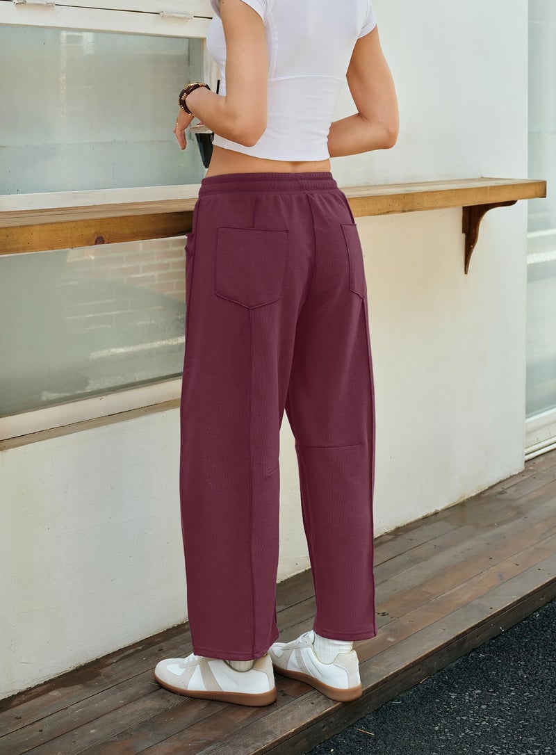 Yanekop Womens Baggy Wide Leg Pants Casual Fall Trousers Palazzo Pants Drawstring Waist Barrel Sweatpants with Pockets(Burgundy,L) - Image 5