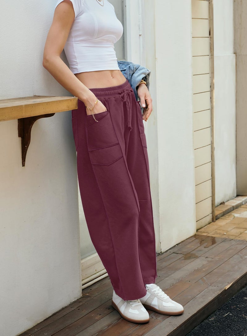 Yanekop Womens Baggy Wide Leg Pants Casual Fall Trousers Palazzo Pants Drawstring Waist Barrel Sweatpants with Pockets(Burgundy,L) - Image 4