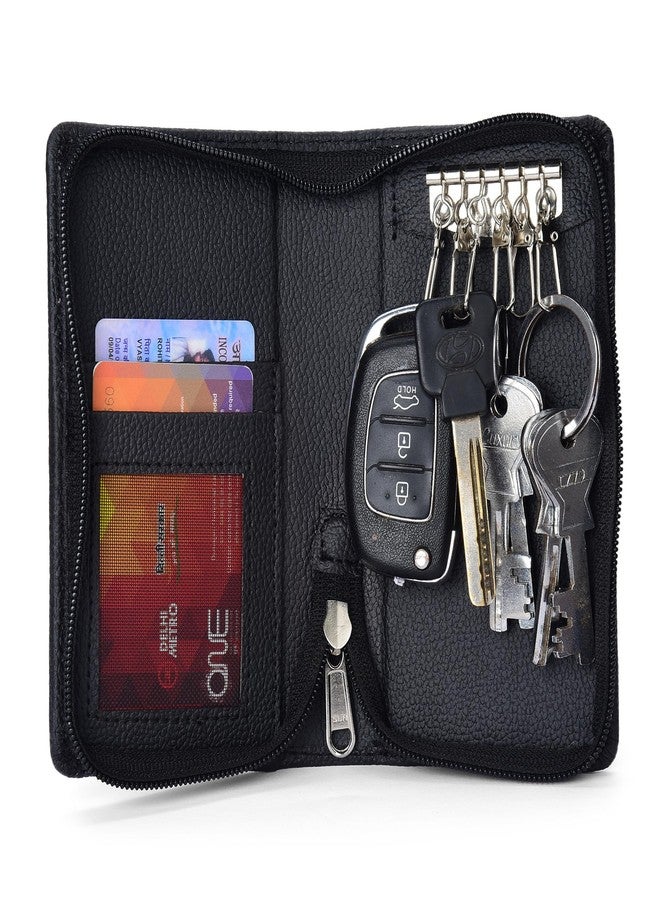 essart PU Leather Key Case Pouch Wallet (Set of 4) Keychain Key pouch holder Men & Women Key Pouch Holder, Bank Locker Key Pouch with 6 Hooks Zipper Closure (Blk-Cherry) - Image 3