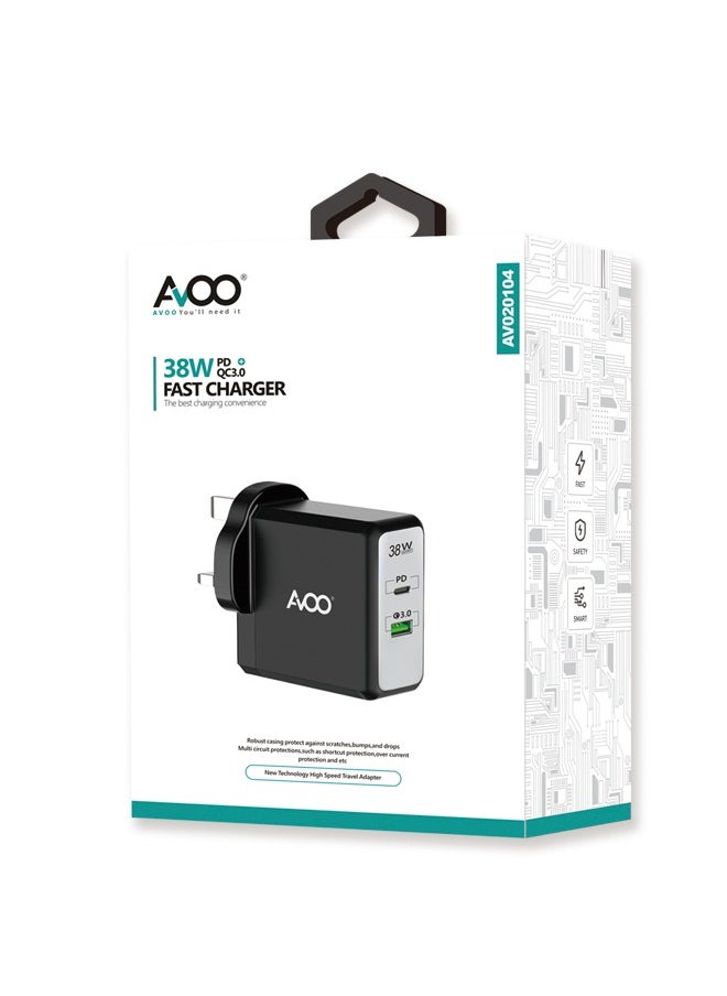 AVOO - AVOO  USB C plug, iPhone charger, fast wall charger with dual USB port, 38W power, USB C charger block for iPhone 15/15 Pro/15 Pro Max/14/13/12, iPad Pro, Airpods, and more (cable not included). - Image 1