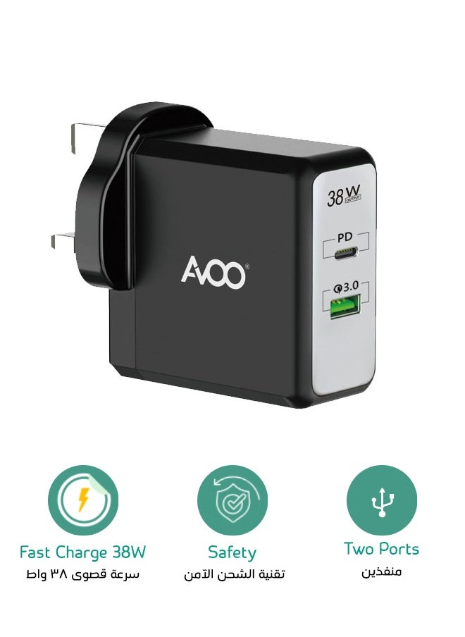 AVOO - AVOO  USB C plug, iPhone charger, fast wall charger with dual USB port, 38W power, USB C charger block for iPhone 15/15 Pro/15 Pro Max/14/13/12, iPad Pro, Airpods, and more (cable not included). - Image 1