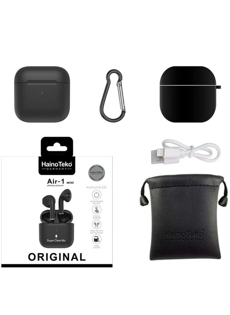 HainoTeko - Air-1 Mini Wireless Bluetooth Earbuds Apple & Android Compatibility Built-in Microphone True Wireless Earbuds in-Ear Bluetooth Headphones Earphones Auto Power On/Off Touch Control Super Clear Mic Black - Image 1