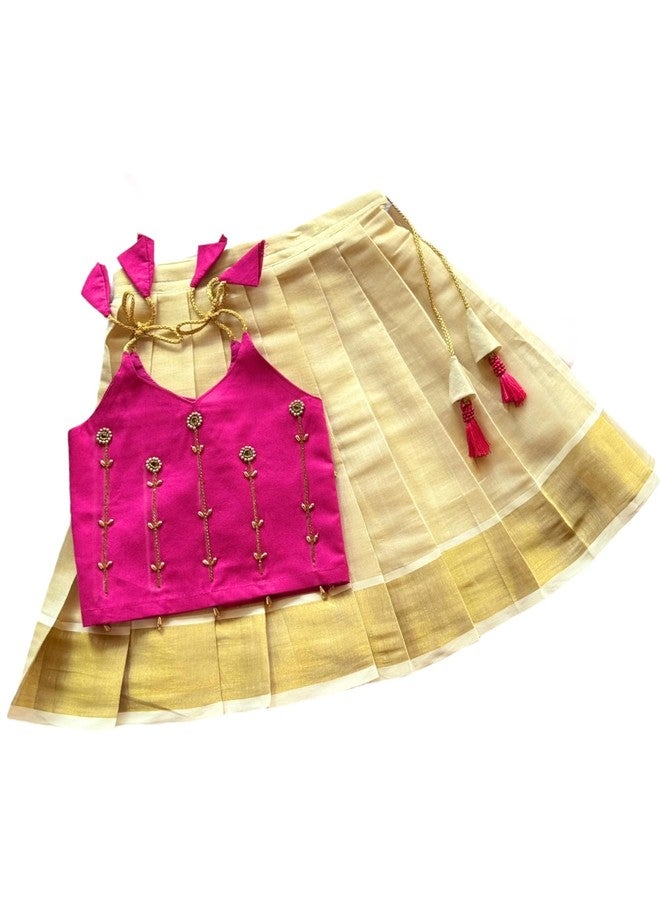 Picksparrow طقم ليهينغا تشولي تقليدي من القطن والحرير للبنات الصغيرات من بيكسبارو، مطرز يدويًا بالأحجار (لون راني الوردي، من 0 إلى 6 أشهر) - Image 1