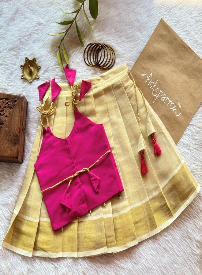 Picksparrow طقم ليهينغا تشولي تقليدي من القطن والحرير للبنات الصغيرات من بيكسبارو، مطرز يدويًا بالأحجار (لون راني الوردي، من 0 إلى 6 أشهر) - Image 3