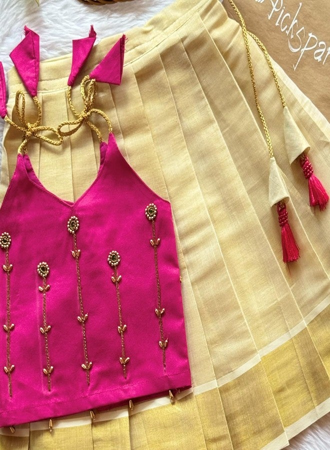 Picksparrow طقم ليهينغا تشولي تقليدي من القطن والحرير للبنات الصغيرات من بيكسبارو، مطرز يدويًا بالأحجار (لون راني الوردي، من 0 إلى 6 أشهر) - Image 4