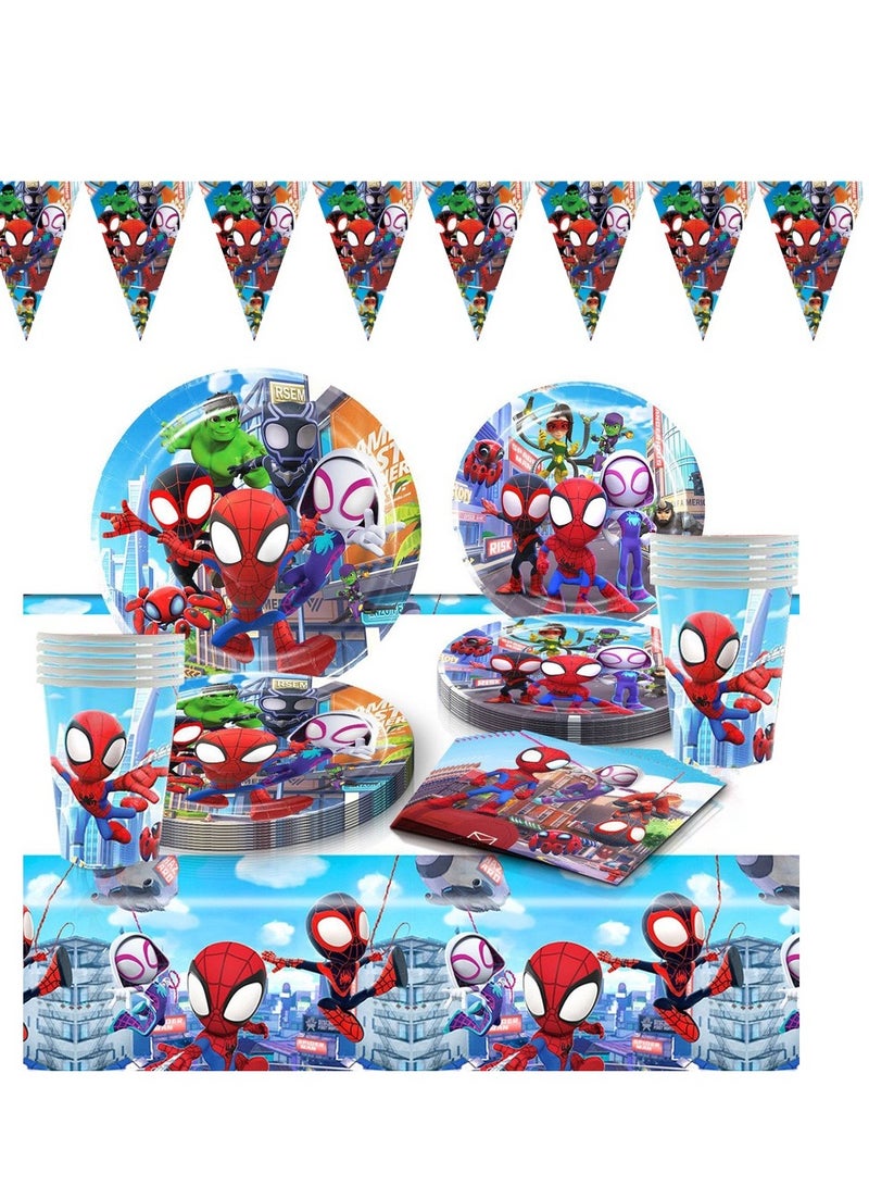 xppier 87 قطعة أدوات مائدة حفلات قابلة للاستخدام لمرة واحدة بموضوع سبايدرمان، احتفال عيد ميلاد الأطفال، مستلزمات حفلة استحمام الأطفال مع أطباق، ملاعق، شوكات، أكواب، مناديل، إلخ. 9 عناصر - Image 1