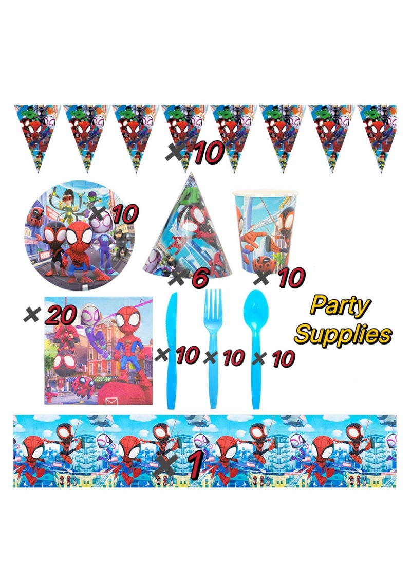 xppier 87 قطعة أدوات مائدة حفلات قابلة للاستخدام لمرة واحدة بموضوع سبايدرمان، احتفال عيد ميلاد الأطفال، مستلزمات حفلة استحمام الأطفال مع أطباق، ملاعق، شوكات، أكواب، مناديل، إلخ. 9 عناصر - Image 2