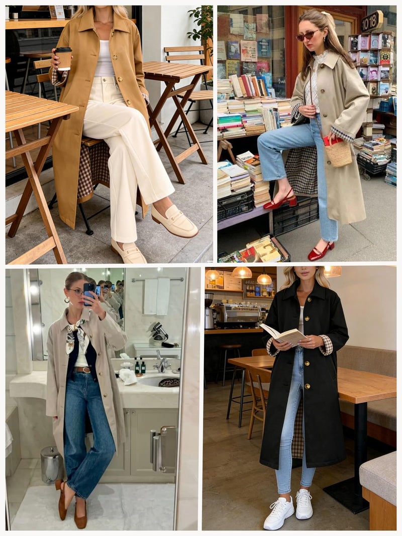 ELLEVEN Long Trench Coat for Women Pea Coats Long Winter Coats for Women Light Fall Jackets Single Breasted Lapel Oversized Windproof Overcoat Camel Small - Image 5
