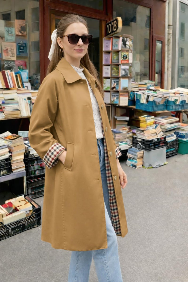 ELLEVEN Long Trench Coat for Women Pea Coats Long Winter Coats for Women Light Fall Jackets Single Breasted Lapel Oversized Windproof Overcoat Camel Small - Image 4