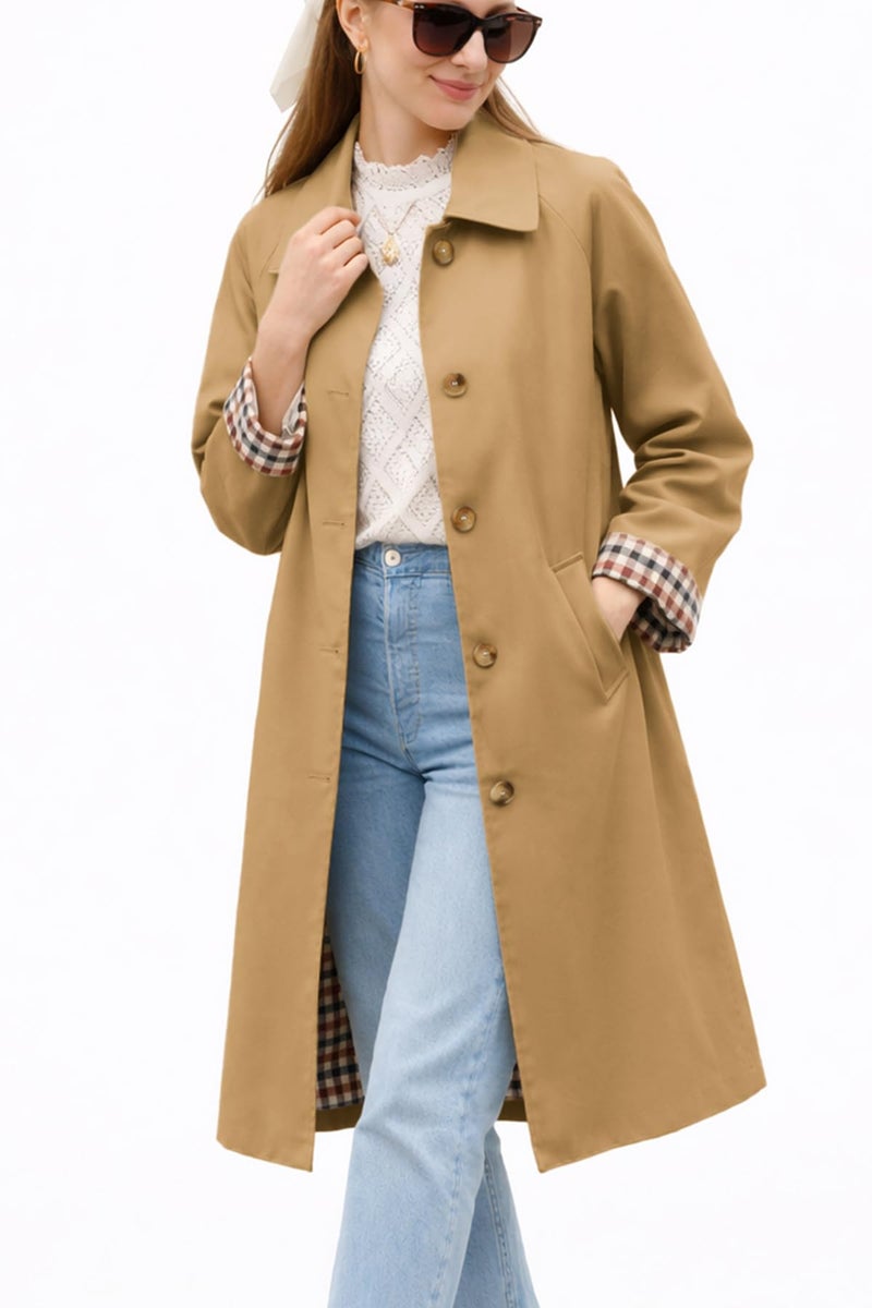 ELLEVEN Long Trench Coat for Women Pea Coats Long Winter Coats for Women Light Fall Jackets Single Breasted Lapel Oversized Windproof Overcoat Camel Small - Image 1