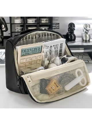 Large Multi-Layer Pencil Case – Oversized Durable Fabric Organizer with Multiple Compartments, Mesh Pockets & Ergonomic Handles | Portable Stationery Storage for School, Office, Travel & Makeup | Minimalist Pencil Pouch, Desk Organizer, Back-to-School Supplies