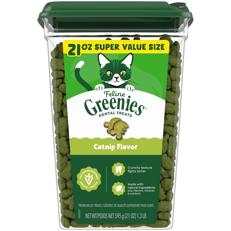 Greenies Cat Treats, Feline Veterinarian-Recommended Adult Natural Dental Treats, Catnip Flavor, 21 oz. Tub - Image 1