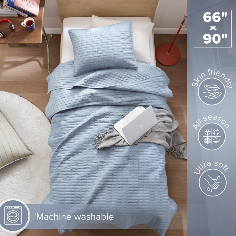 Comfort Spaces Kienna Quilt Set- Double Sided Stitching Design Summer Blanket, Lightweight, Soft, All Season Bedding Layer, Matching Sham, Blue, Coverlet Twin/Twin XL(66"x90") 2 Piece - Image 3