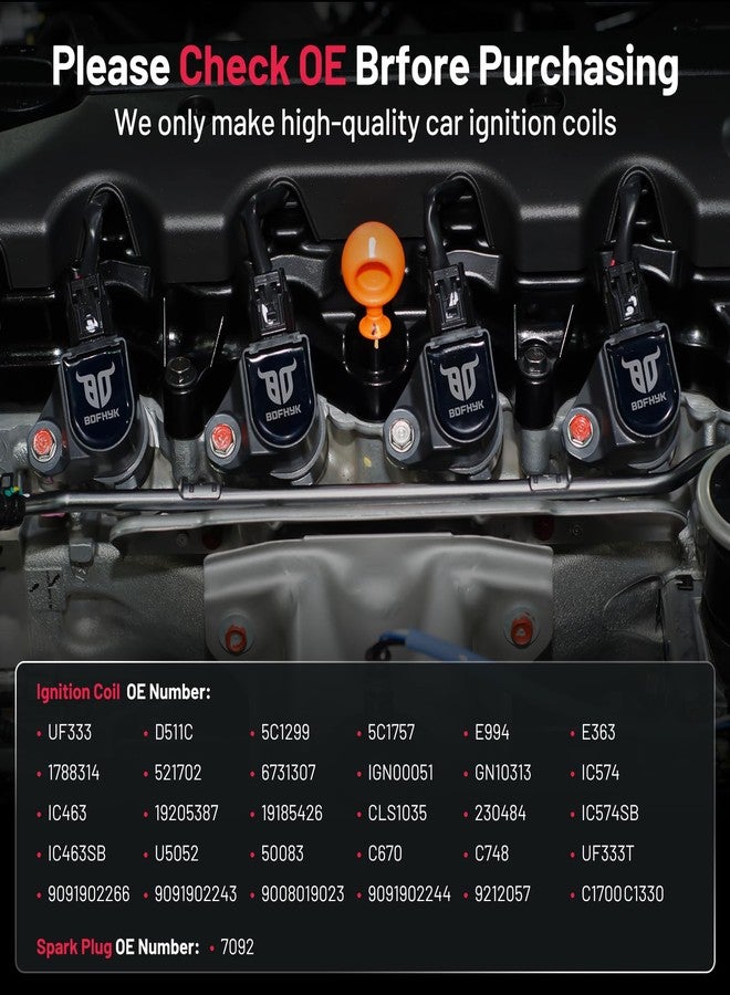 BDFHYK Ignition Coil Pack UF333 and Iridium Spark Plug 7092 Compatible with Toyota Camry 2002 2003 2004 2005 Toyota RAV4 2007-2008 Toyota Corolla Scion tC xB Lexus Toyota Coil Pack 2.4L l4 Set of 4 - Image 5