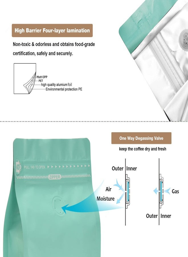 felipack 50 Pieces 0.75 LB Blue Green Coffee Bags with Aluminum Foil Liner Pack of 50, High Barrier Coffee Pouches with Degassing Valve, Ziplock Food Storage Bags with Pull Tape, 12oz/0.75lb/340gram - Image 3