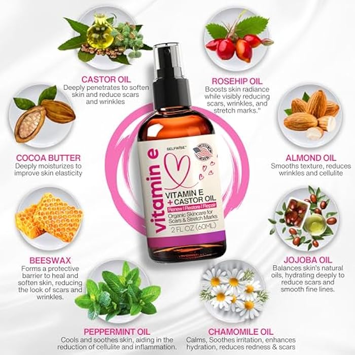 SELFWISE Organic Vitamin E Oil for Scars, Stretch Marks Removal, Wrinkles & Cellulite - Scar Away Treatment Bio Oil with Castor, Rosehip, Jojoba, Almond - Hydrating & Moisturizing Skincare - Face & Body Oil - Image 3