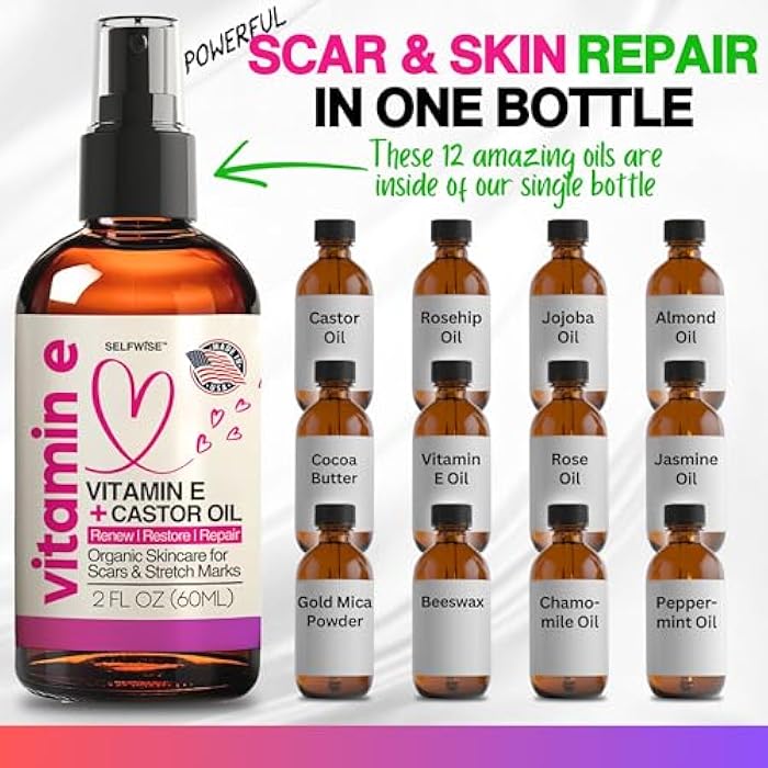 SELFWISE Organic Vitamin E Oil for Scars, Stretch Marks Removal, Wrinkles & Cellulite - Scar Away Treatment Bio Oil with Castor, Rosehip, Jojoba, Almond - Hydrating & Moisturizing Skincare - Face & Body Oil - Image 2