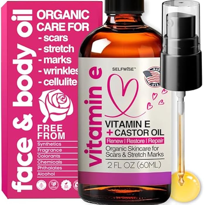 SELFWISE Organic Vitamin E Oil for Scars, Stretch Marks Removal, Wrinkles & Cellulite - Scar Away Treatment Bio Oil with Castor, Rosehip, Jojoba, Almond - Hydrating & Moisturizing Skincare - Face & Body Oil - Image 1