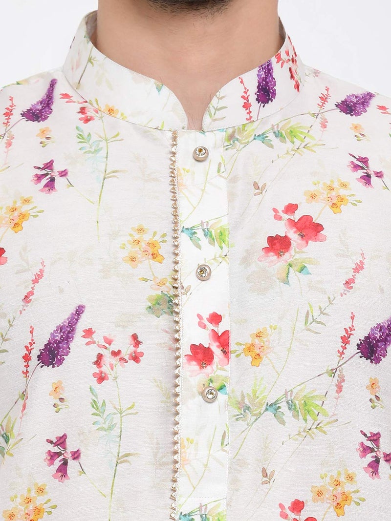 VASTRAMAY Men's Cream Cotton Blend Kurta Pyjama Set | Perfect Spring Edit Floral Design Digitally Printed Kurta With Bling Buttons And Singara Border Along With Relaxed Pyjama. - Image 3