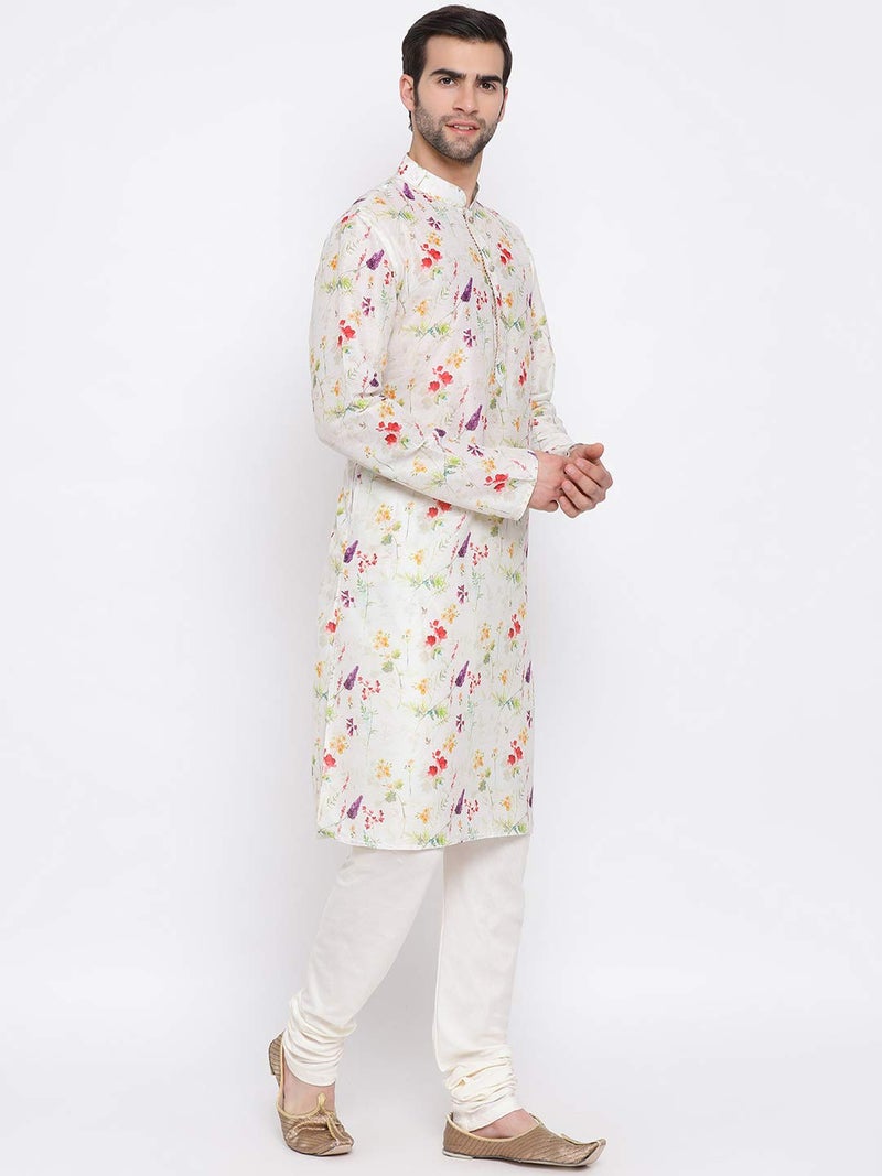 VASTRAMAY Men's Cream Cotton Blend Kurta Pyjama Set | Perfect Spring Edit Floral Design Digitally Printed Kurta With Bling Buttons And Singara Border Along With Relaxed Pyjama. - Image 2