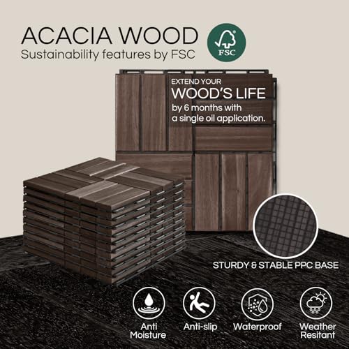 THYOI Deck Tiles, Patio Flooring - Outdoor Waterproof Acacia Wood Tiles for All Weather Use - Balcony, Backyard, Indoor & Outdoor (Espresso Crossed Pattern, 10 Pcs - 10 Square Ft) - Image 4
