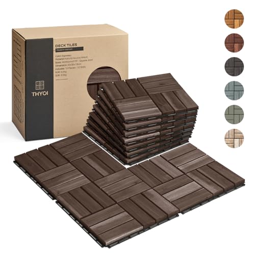 THYOI Deck Tiles, Patio Flooring - Outdoor Waterproof Acacia Wood Tiles for All Weather Use - Balcony, Backyard, Indoor & Outdoor (Espresso Crossed Pattern, 10 Pcs - 10 Square Ft) - Image 1