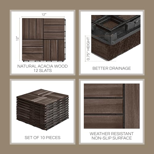 THYOI Deck Tiles, Patio Flooring - Outdoor Waterproof Acacia Wood Tiles for All Weather Use - Balcony, Backyard, Indoor & Outdoor (Espresso Crossed Pattern, 10 Pcs - 10 Square Ft) - Image 2