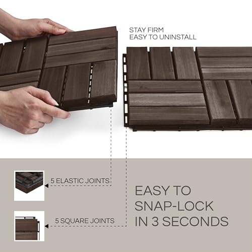 THYOI Deck Tiles, Patio Flooring - Outdoor Waterproof Acacia Wood Tiles for All Weather Use - Balcony, Backyard, Indoor & Outdoor (Espresso Crossed Pattern, 10 Pcs - 10 Square Ft) - Image 5