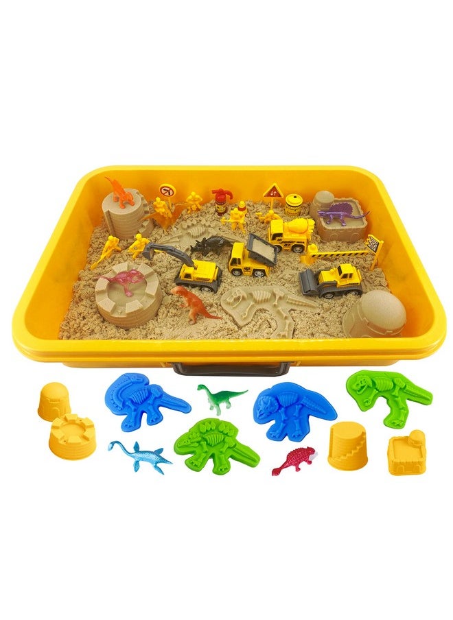 INvench - Construction Dinosaur Play Sand Set 38 Pieces Sensory Bin Sand Kit Include 2 Lbs Magic Sand Construction Vehicle Dinsoaur Figures Dinosaur & Castle Molds For 3 4 5 Year Old Toddlers Kids - Image 1