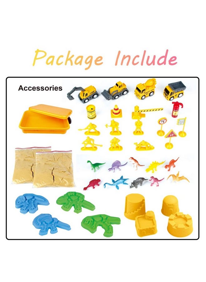 INvench - Construction Dinosaur Play Sand Set 38 Pieces Sensory Bin Sand Kit Include 2 Lbs Magic Sand Construction Vehicle Dinsoaur Figures Dinosaur & Castle Molds For 3 4 5 Year Old Toddlers Kids - Image 1