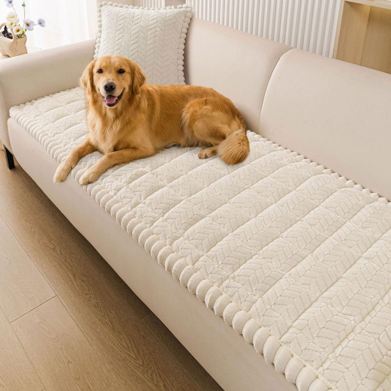 Smiry Non Slip Couch Covers for Dogs, Fuzzy Pet Couch Covers for 3 Cushion Sofa Pet Friendly, Soft Sofa Slipcovers Cushion Furniture Protector Washable (Beige, 27.6" x 88") - Image 1